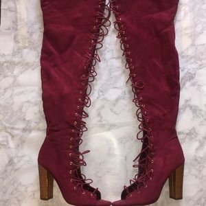 Thigh high open toe lace up boots